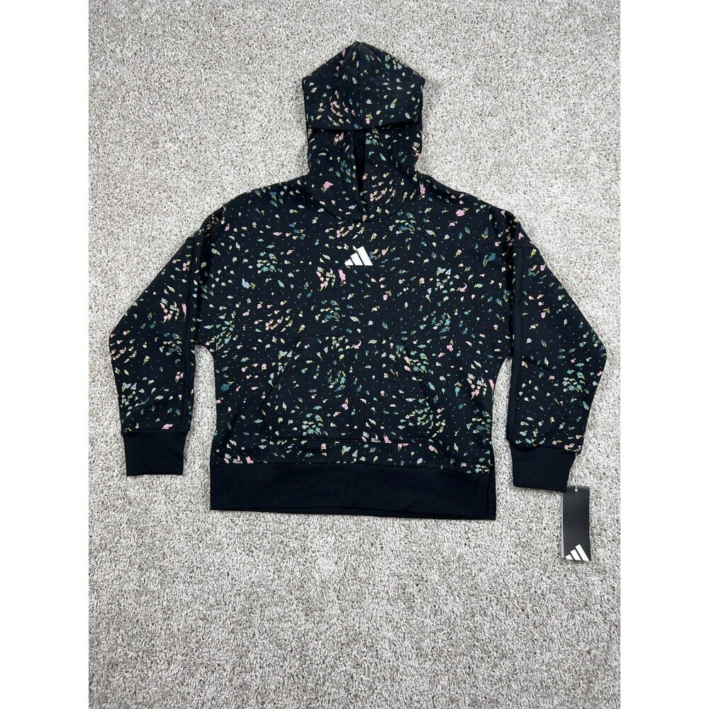 Adidas Girls Floral Hoodie Black Multicolor Pullover Sweatshirt Size S 7/8 NWT